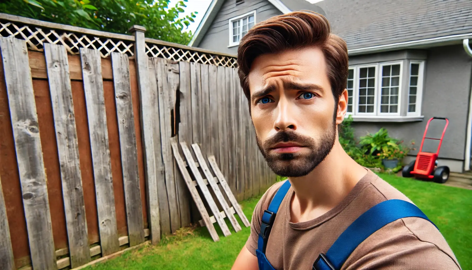 DALL·E 2025-03-06 20.18.53 - An image of a homeowner standing in their backyard looking mildly disappointed or concerned about their problematic fence or backyard. The fence appea